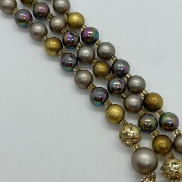 Vintage Multi-Strand Necklace Iridescent Gold Tone Pearlescent Beads Pro Formal - Picture 8 of 13